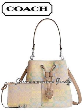 COACH Pastel Rainbow C Signature Rown Bucket Bag with Wristlet